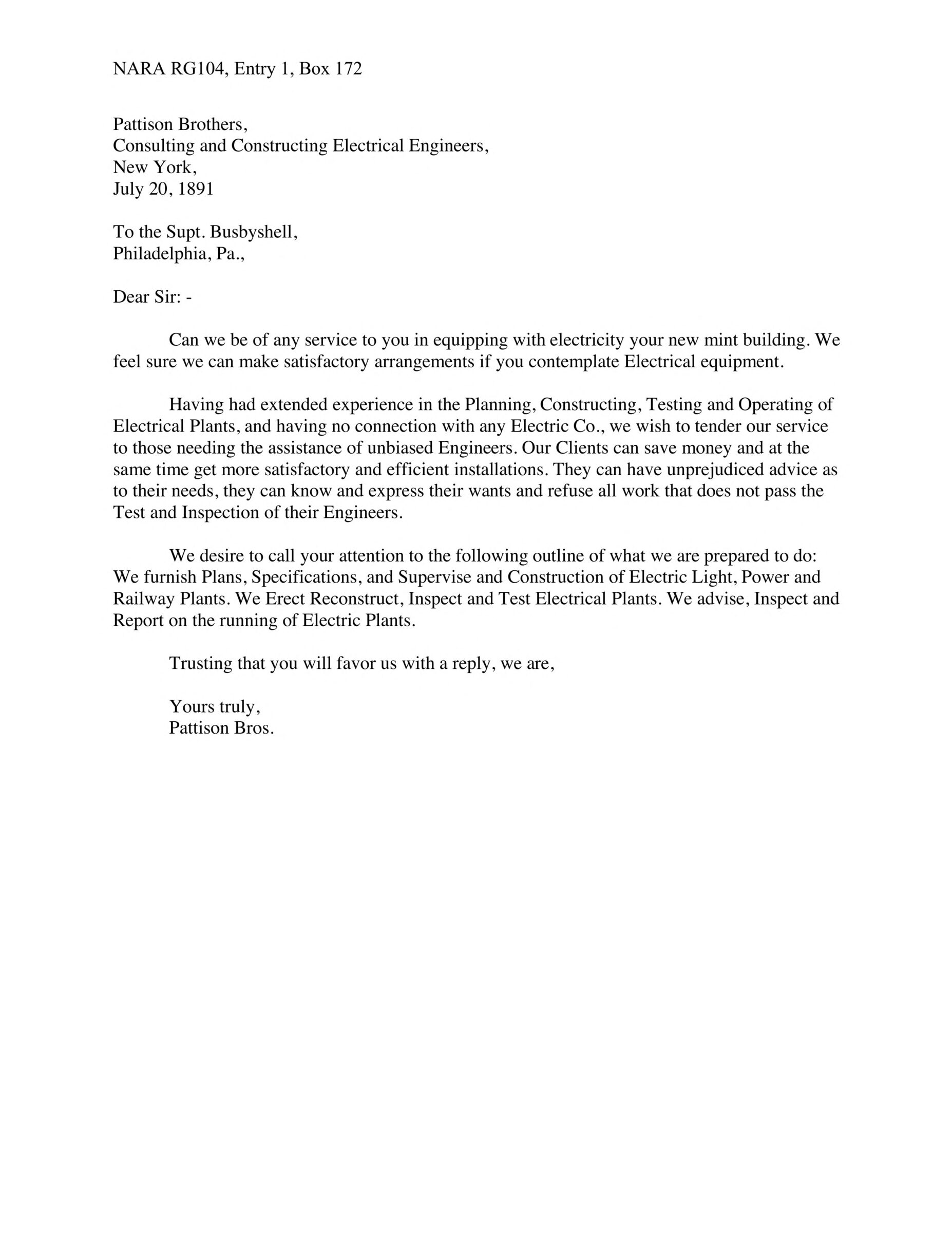 Pattison Brothers Letter to the U.S. Mint: Full first page of the letter