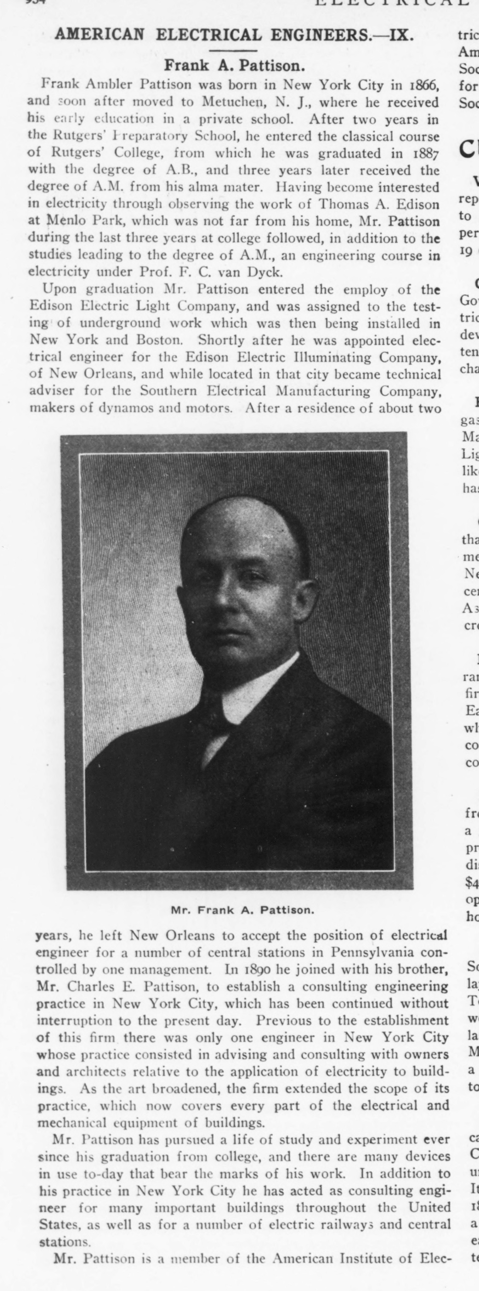 Frank's portrait in Electrical World, April 14, 1910